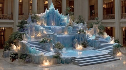 A Grand Hall Decorated with an Elaborate Ice Sculpture Featuring Waterfalls and Steps