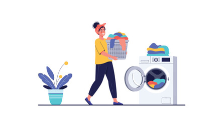 Cheerful woman doing laundry with colorful clothes in a bright, clean home, perfect for lifestyle and domestic scenes or cleaning product marketing