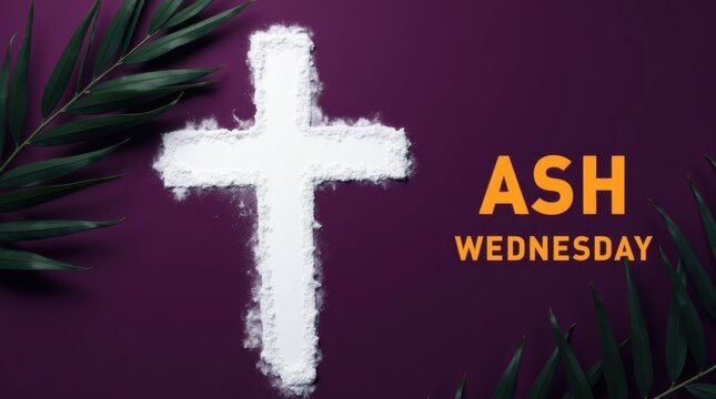 White ash cross on dark purple background with greenery and ash wednesday text