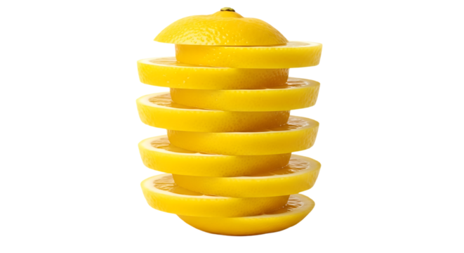 Elevated lemon slices create a vibrant citrus tower, perfect for healthy eating campaigns or summer refreshment promotions. Showcase the zest and freshness!