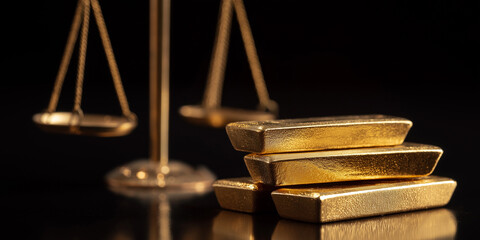 Gold bar justice weighing scale balance between precious metal value  principle equality fairness law.