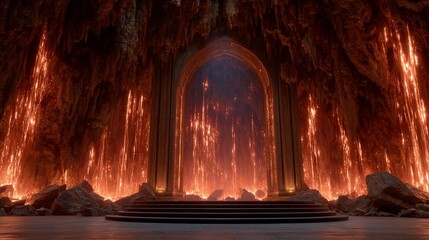 A Majestic Gate to the Fire Dimension, Lit by Lava and Surrounded by Volcanic Rock Formations