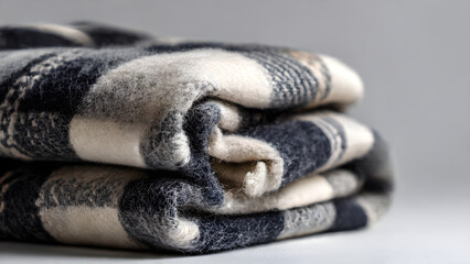 Cozy plaid blanket folded neatly, offering warmth and comfort for a relaxing home ambiance, perfect for autumn and winter scenes.