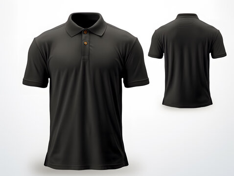 Blank black men's polo shirt mockup isolated on white background. Front and back view of a casual short sleeve tee template for design and branding.