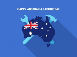 Happy australia labour day with australian flag and wrench on map