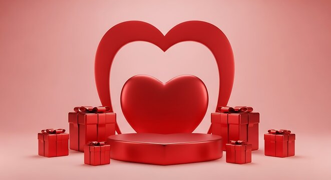 Valentines day podium stage with heart shapes and gift boxes, a romantic scene for product presentation, isolated on pink background - Powered by Adobe