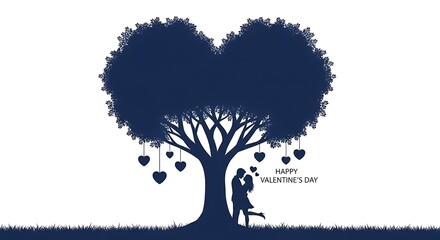 Silhouette of a couple in love under a heart shaped tree for valentines day isolated on white background celebrate love with this illustration