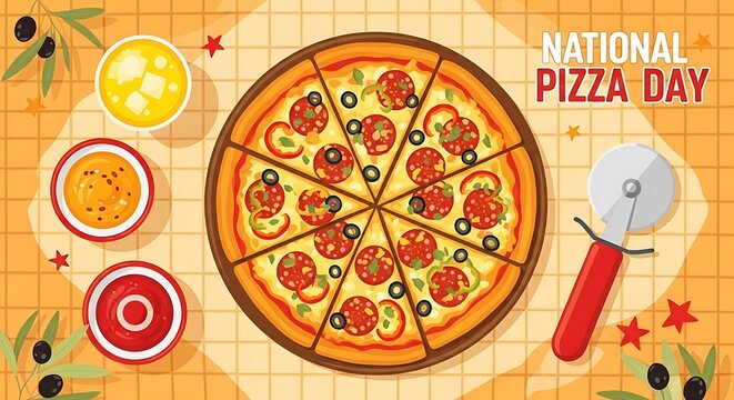National pizza day illustration with pizza, cutter, sauces, and olives on checkered background for celebrating the italian dish