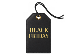 Black friday sale tag presenting seasonal shopping discounts and retail deals, with premium gold text on a black label