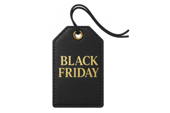 Black friday sale tag presenting seasonal shopping discounts and retail deals, with premium gold text on a black label