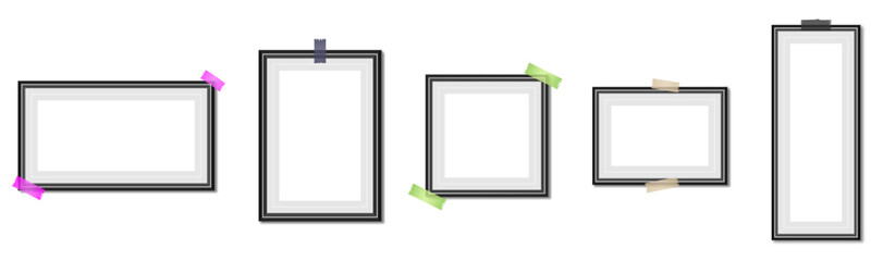 Premium Black Frame Gallery Wall Mockup Set with Washi Tape.Customizable 3D Matting Display.