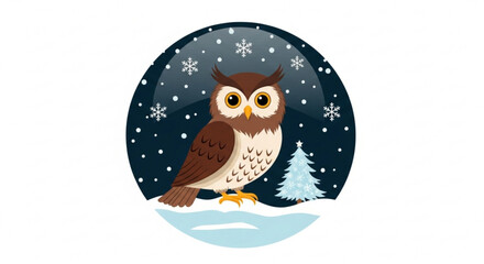 An owl perched in a snowy winter scene with snowflakes and a christmas tree, isolated on, captures the magic of the holiday season