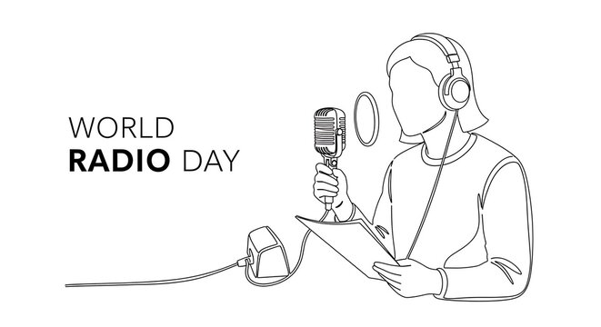 Simple line art illustration of a woman with headphones speaking into a vintage microphone for world radio day isolated on white background