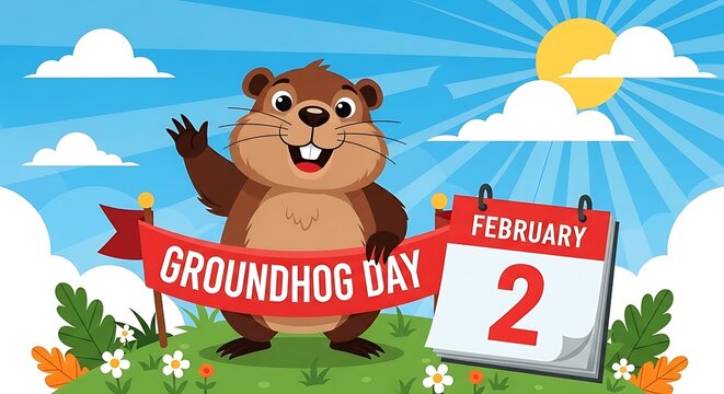 Cheerful groundhog waving its paw next to a calendar marking february 2nd, celebrating groundhog day with sun and clouds in the background