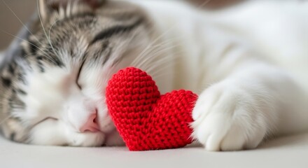 A cute cat sleeping with a red heart, symbolizing love and affection, perfect for valentines day or any heartwarming occasion