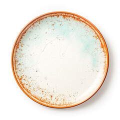 Rustic ceramic plate with speckled glaze and brown rim, ideal for food styling, plating, and culinary photography