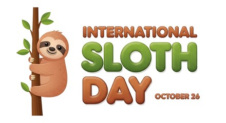 Celebrating international sloth day on october 26 with a cute cartoon sloth hanging from a tree branch isolated on white background