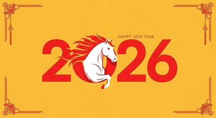 Vibrant 2026 new year illustration featuring a dynamic horse, symbolizing strength and prosperity against a golden backdrop with festive oriental frame