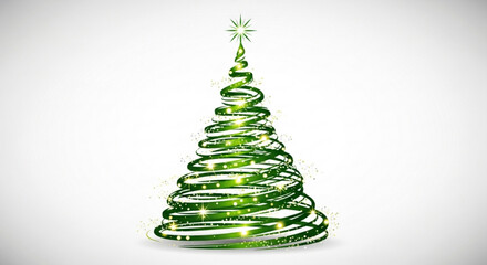 A vibrant green christmas tree, artistically crafted with swirling ribbons and sparkling lights, isolated on, embodies the joy and elegance of the holidays