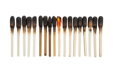 Burnt Matchsticks Row with One Ignited: Sequence, Risk Concept on transparent background png