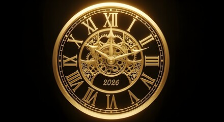 Close up of a golden clock with roman numerals and intricate gears against a black background