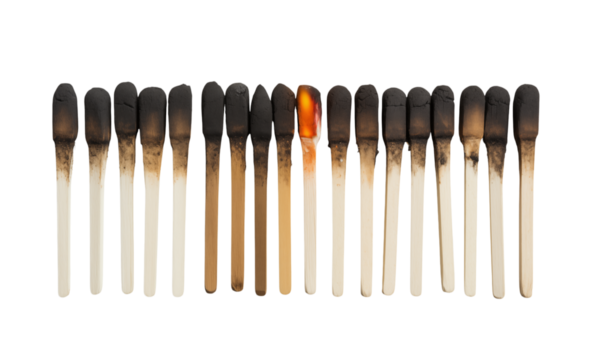 Burnt Matchsticks Row with One Ignited: Sequence, Risk Concept on transparent background png - Powered by Adobe