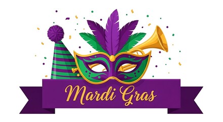 Vibrant mardi gras design featuring mask, trumpet, hat, banner and confetti isolated on white background for festive celebration and carnival season