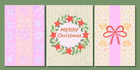 Three festive christmas greeting card designs featuring floral motifs and a wreath with merry christmas text