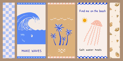 Collection of beach themed illustrations with ocean waves palm trees jellyfish sun and seashells