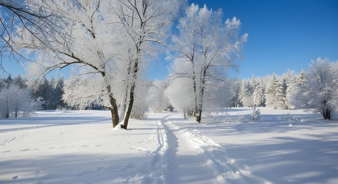 A winter landscape with snow covered trees and a path under a clear blue sky on a sunny day - Powered by Adobe