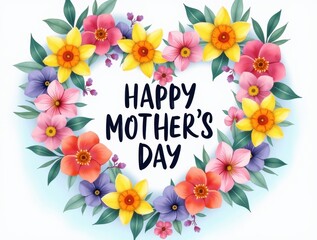 Heart shaped floral wreath with happy mothers day text