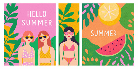 Happy summer vibes with stylish girls in swimsuits and tropical leaves