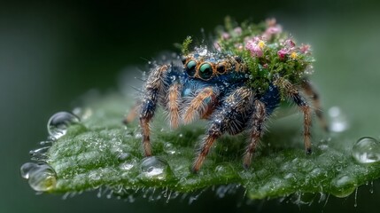 A striking image capturing a jumping spider adorned with flowers and dewdrops on a leaf