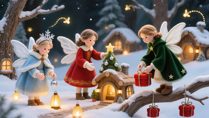 Three magical fairy children decorating fantasy Christmas village at night. joyful winter scene with snow, holiday tree, and festive lantern creating whimsical mood