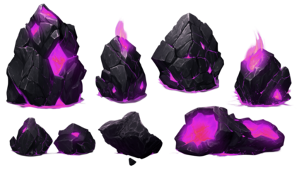 Glowing Purple Crystals & Dark Rocks: Fantasy Game Assets Set on transparent background png