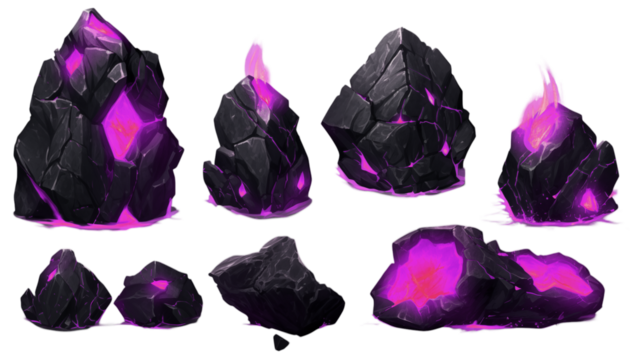 Glowing Purple Crystals & Dark Rocks: Fantasy Game Assets Set on transparent background png