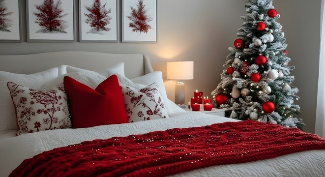Christmas decorated bedroom with tree red accents and cozy holiday atmosphere for festive season