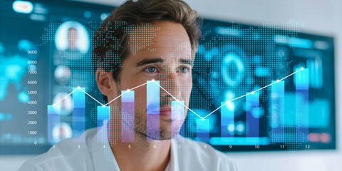 Business analyst reviewing global data charts with digital analytics.