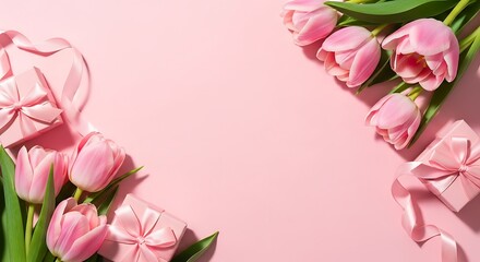 Delicate pink tulips and gift boxes with ribbons arranged on a pastel pink background perfect for mothers day, valentines day, or spring celebrations