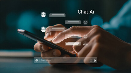 User interacting with mobile AI chat interface and virtual messages.