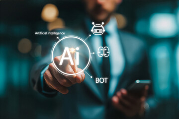 Businessman activating AI interface with glowing digital icons and smart technology.