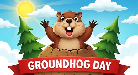 Groundhog day celebration with cute groundhog popping out of burrow, isolated on white background celebrate the tradition and folklore