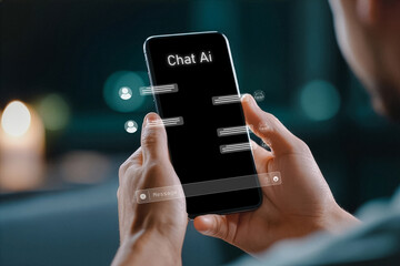 User holding smartphone with AI chat interface and message icons.
