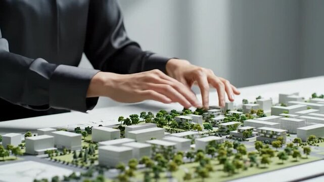 A person's hands interact with an architectural model displaying miniature buildings and greenery