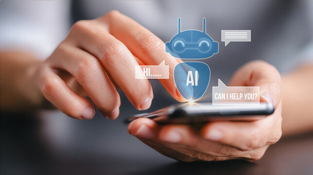 User interacting with mobile AI assistant with floating chatbot icons and messages. - Powered by Adobe