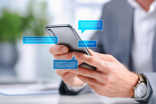 Businessman texting on smartphone with digital message. - Powered by Adobe