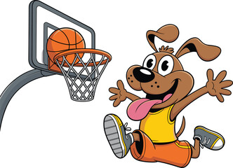 Cute cartoon dog playing basketball while jumping happily near hoop, fun animal sports character illustration perfect for kids design and playful graphics