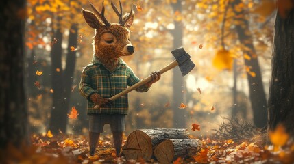 Anthropomorphic deer in a flannel shirt holding an axe in an autumn forest scene