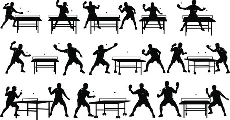 Dynamic table tennis player silhouettes practicing various strokes and gameplay actions, competitive ping pong sport illustration, black vector figures on white background