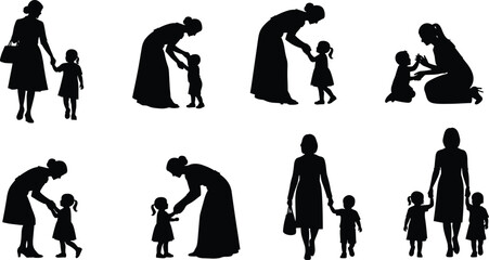 Mother and child silhouettes in various caring poses, nurturing family relationship illustration, parenting support concept, black vector figures on white background